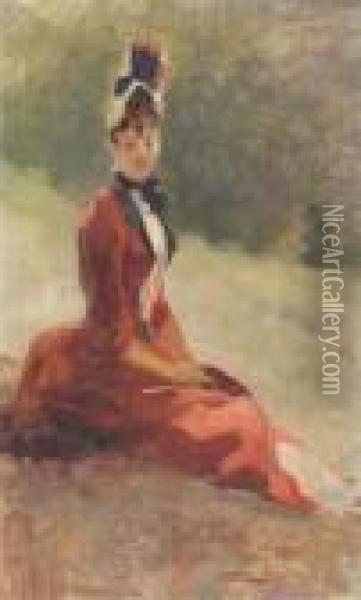 Elegant Lady Seated In Red Oil Painting - Jules Cheret