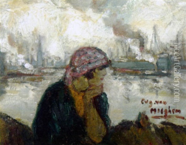 A Girl In A Harbour Oil Painting - Eugene van Mieghem