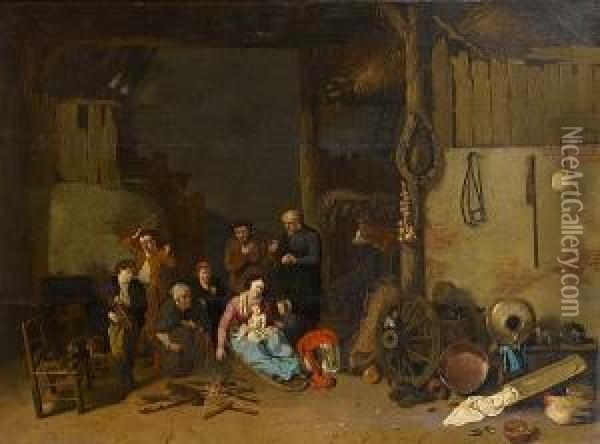 A Barn Interior With A Family Seated Around Afire Oil Painting - Hendrik Potuyl
