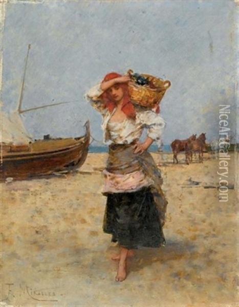 Pescadora - Fishergirl Oil Painting - Francisco Miralles y Galup