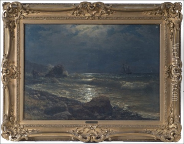 A Ship By The Moonlit Coast Oil Painting - Lev Felixovich Lagorio
