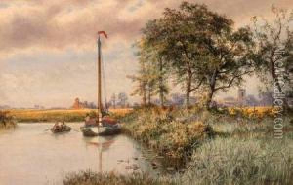 Wherry Moored On The River Ant Near Irstead Church Oil Painting - Charles Harmony Harrison