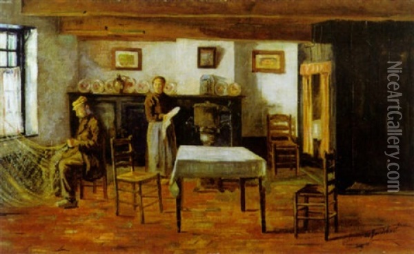 Interieur Met Nettenmaker Oil Painting - Valerius De Saedeleer
