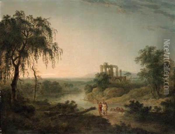 A Ruined Abbey With Figures In 
The Foreground; And A Riverlandscape, With Figures In The Foreground And
 A Ruined Abbeybeyond Oil Painting - Julius Caesar Ibbetson