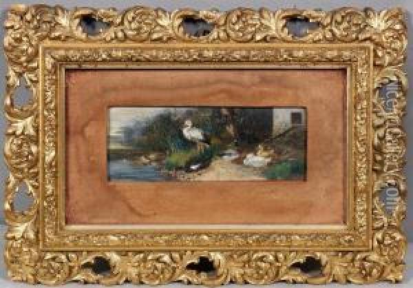 Storch Mit Entengruppeam Teich Oil Painting - Julius Scheurer