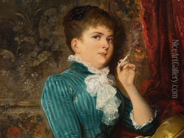 Lady With Cigarette Oil Painting - Karl Schweninger the Younger