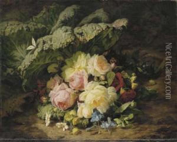 A Bouquet Of Roses, Daisies And Violets With A Butterfly On A Mossy Bank Oil Painting - Simon Saint-Jean