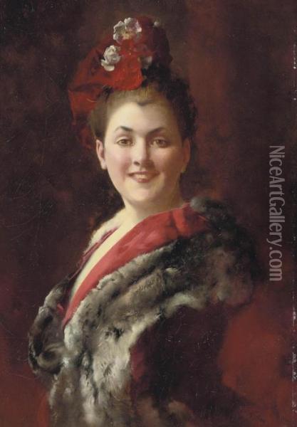 A Lady In A Fur-lined Cape Oil Painting - Gustave Jean Jacquet