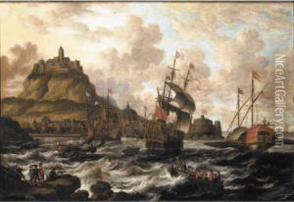 A View Of A Harbour With A Man O' War And A Galley, A Rowing Boat And Figures On A Rock In The Foreground Oil Painting - Pieter Van Den Velden