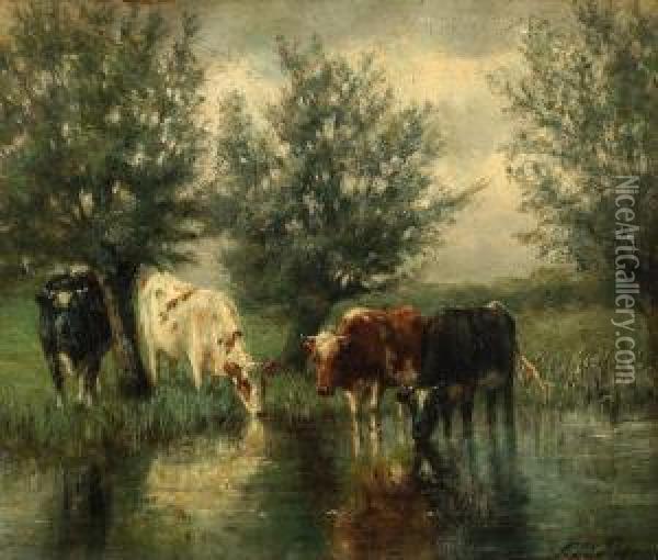 Cows By A Lake Oil Painting - Cornelis Willem Hoevenaar Jnr.