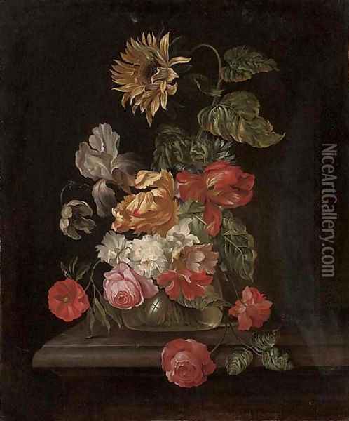 Roses, parrot tulips, an iris, anemones and a sunflower in a glass vase on a stone ledge Oil Painting - Simon Pietersz. Verelst