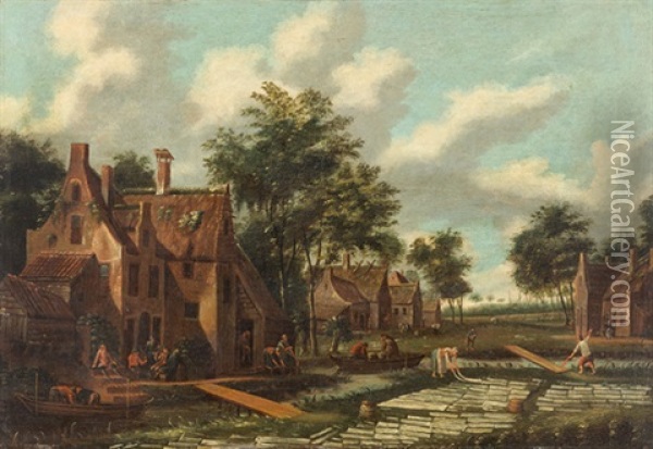 Hollandisches Dorf Am Fluss Mit Mannern Und Frauen Beim Bleichen Von Leinen Oil Painting - Cornelis Gerritsz Decker