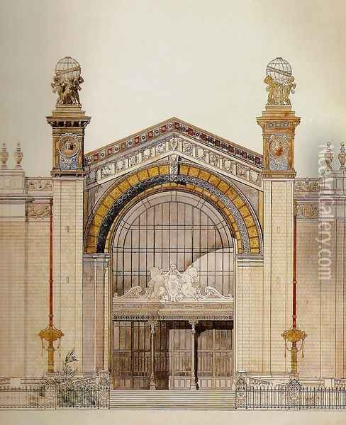 Palace of Fine Arts on the Champ de Mars, Exposition Universelle of 1889: Elevation of Central Entry Oil Painting - Jean-Camille Formige