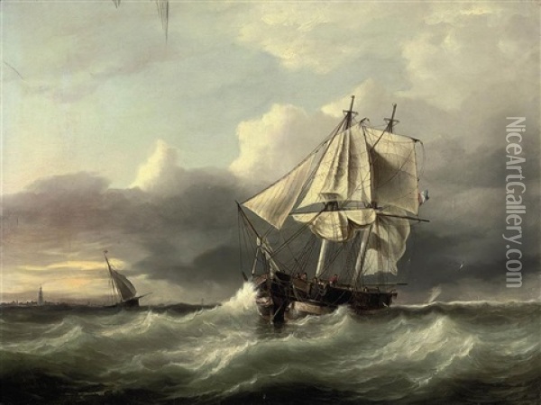 A French Coastal Trader Anchored In A Heavy Swell Off The Low Countries Oil Painting - Johannes Frederick Schuetz