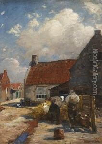 Hollandisches Bauernpaar Bei Der
 Arbeit Auf Der Dorfstrase. Oil Painting - Alexander Max Koester