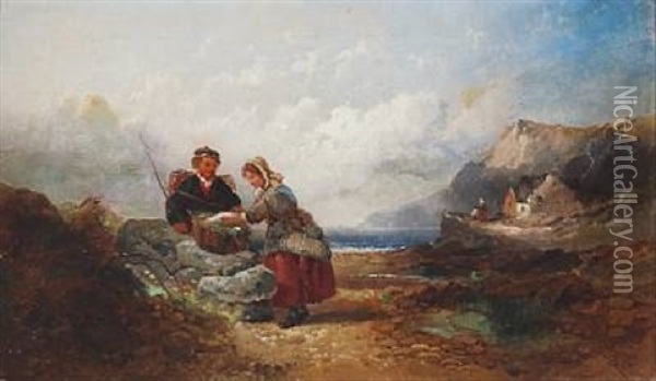 Welsh Coastal Scene With A Fisherman And His Wife Oil Painting - Joseph Horlor