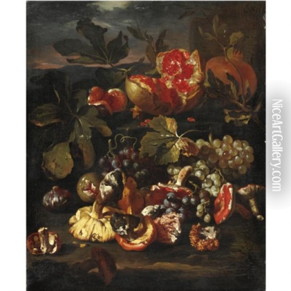 Natura Morta Di Frutta Con Melagrane, Uva, Funghi E Fichi Oil Painting - Giovanni Paolo Castelli (lo Spadino)