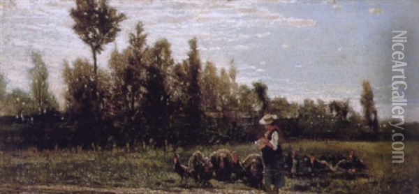 Minding The Turkeys Oil Painting - Guglielmo Ciardi