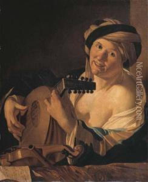 A Woman Playing The Lute, A Violin, Flute And Music On A Drapedledge Before Her Oil Painting - Dirck Van Baburen