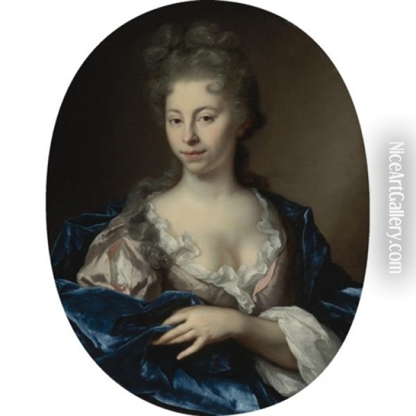 Portrait Of A Lady, Half Length, Wearing A Pink Dress With A Blue Wrap Oil Painting - Arnold Boonen