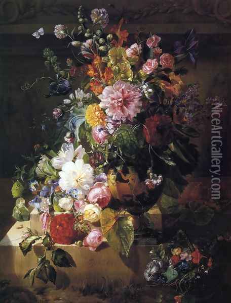 Still Life with Roses, Peonies, Lilac, Morning Glories and other Flowers in a Greek Vase on a Stone Plinth Oil Painting - Georgius van Os