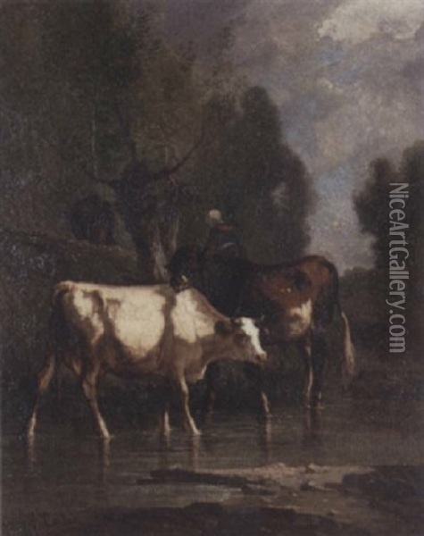Vaches A L'abreuvoir Oil Painting - Andres Cortes y Aguilar