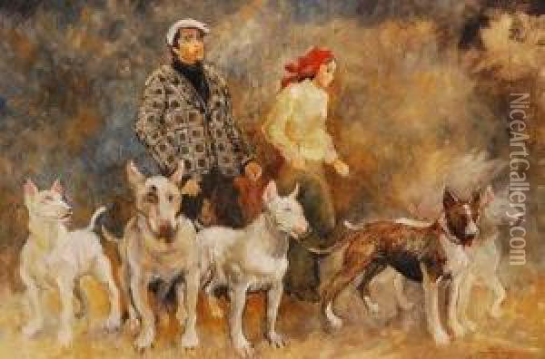 Bull Terrier, Sunday Morning Oil Painting - Irene A. Welburn