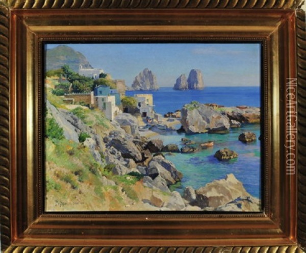Capri - Kuste Bei Marina Piccola Mit Blick Auf Die Farglioni Oil Painting - Paul von Spaun