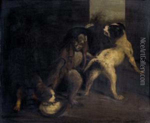 Verkleideter Affe Mit Zwei Hunden Oil Painting - Philippe Rousseau