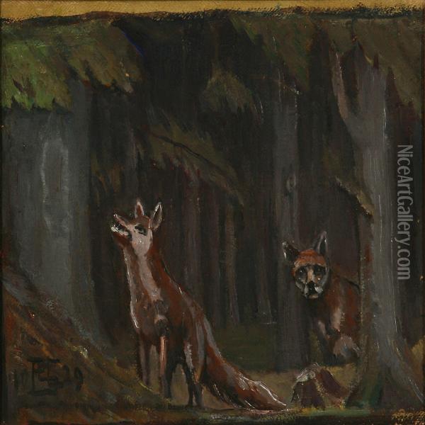 Foxes In The Woods Oil Painting - Poul S. Christiansen