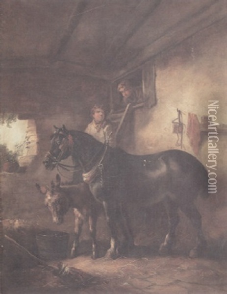 A Stable Interior With A Horse And A Donkey With Two Stable Boys Behind Oil Painting - John Joseph (of Bath) Barker