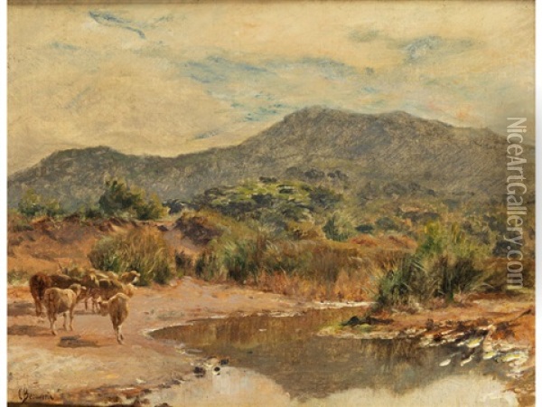 Flusslandschaft Mit Schafen Und Gebirge Oil Painting - Charles Joseph Beauverie