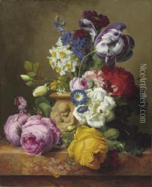 Roses, Tulips, Morning Glory, Delphinium And Primrose In A Terracotta Vase On A Marble Ledge Oil Painting - Charles Node-Veran