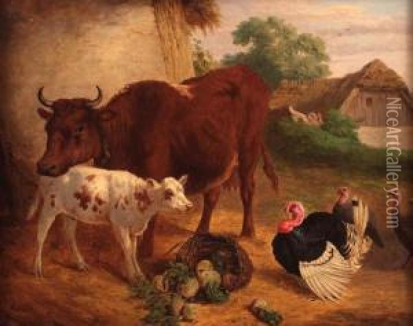 Farmyard Scene With Cow, Calf And Turkeys Oil Painting - Henry Charles Bryant