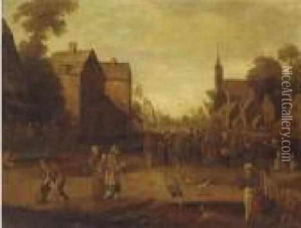 A Village With Peasants Gathered Around A Speaker Oil Painting - Joost Cornelisz. Droochsloot