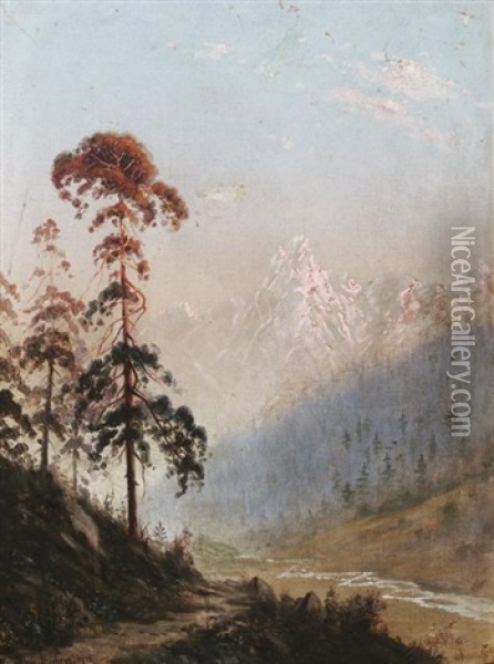 Im Kaukasus: Blick In Ein Weites Flustal Oil Painting - Yuliy Yulevich (Julius) Klever