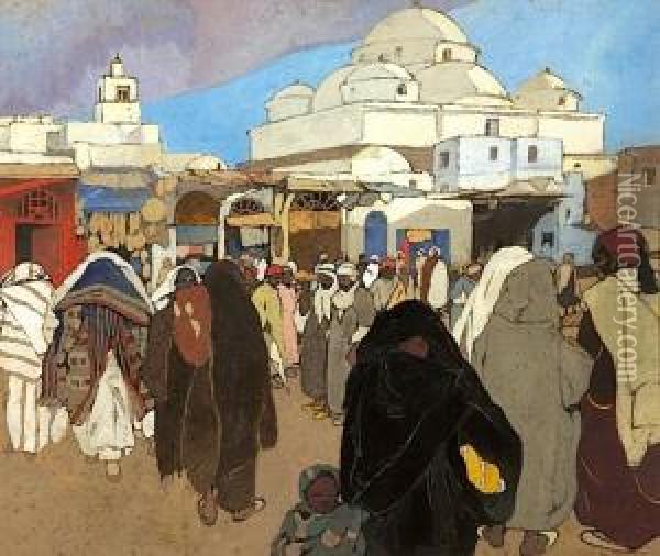 Place Bab-souika A Tunis Et La Mosquee Sidi Mahrez (tunis) Oil Painting - Leon Cauvy