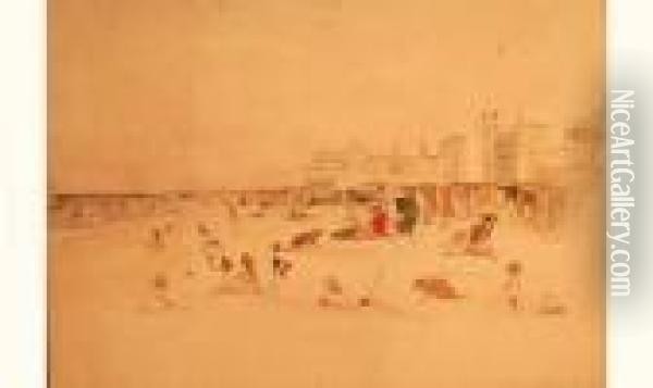 Henricassiers (attribue A). - La Plage D'ostende Animee (le Kursaal Aufond). Oil Painting - Hendrick, Henri Cassiers