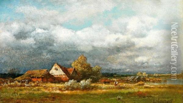 Besonnte Abendliche Landschaft Mit Malerischem Gehoft Oil Painting - Ludwig, Louis Neubert