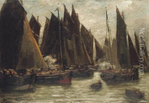 Fishing Boats In A Harbour Oil Painting - Rupert Bunny