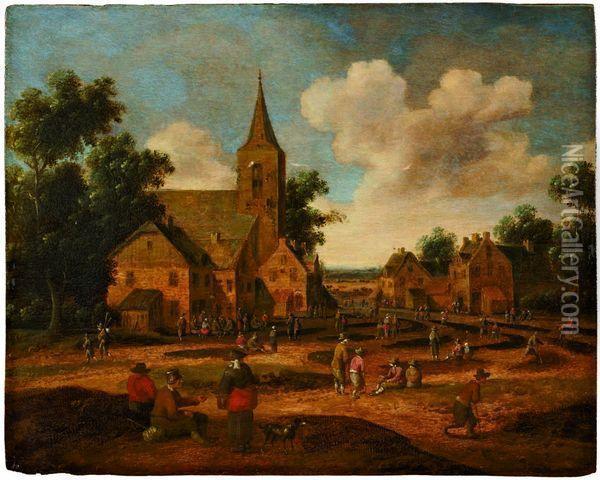  Scene De Village Avec Paysans Et Villageois Sur La Place De L'eglise  Oil Painting - Cornelius Droochsloot
