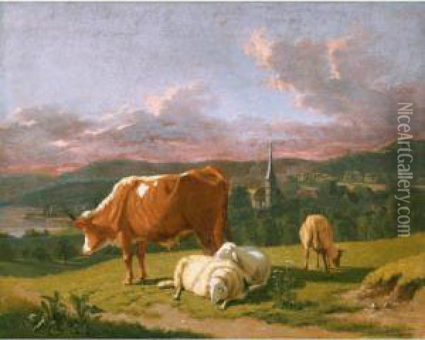 Schafe Und Kuh Auf Der Weide Oil Painting - Johann Jakob Biedermann