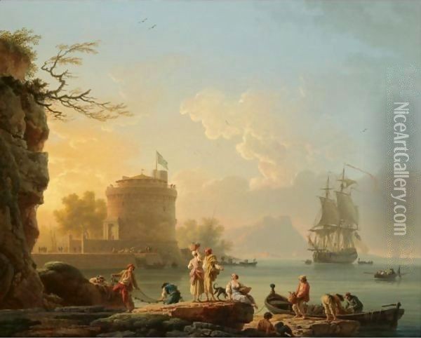 A Mediterranean Harbour Scene At Sunset, With Fishermen Unloading Their Catch Before A Round Fortress, A Man-Of-War At Anchor Beyond Oil Painting - Claude-joseph Vernet