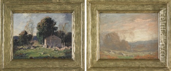 Untitled (cabin And Trees); Untitled (pink Sky) (2 Works) Oil Painting - George Matthew Bruestle