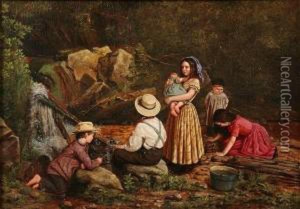 Children Playing By Stream Oil Painting - Jerome B. Thompson