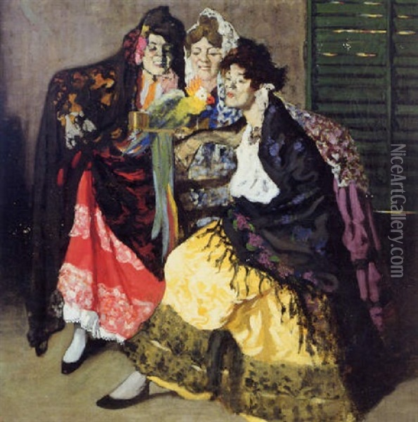Three Spanish Women With A Parrot Oil Painting - Luis Graner y Arrufi