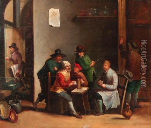 Boors Playing At Cards In An Inn Oil Painting - David The Younger Teniers