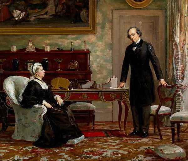 Peace with Honour - Queen Victoria (1819-1901) with Benjamin Disraeli (1804-81) following the signing of the Berlin Treaty in 1878 Oil Painting - Theodore Blake Wirgman