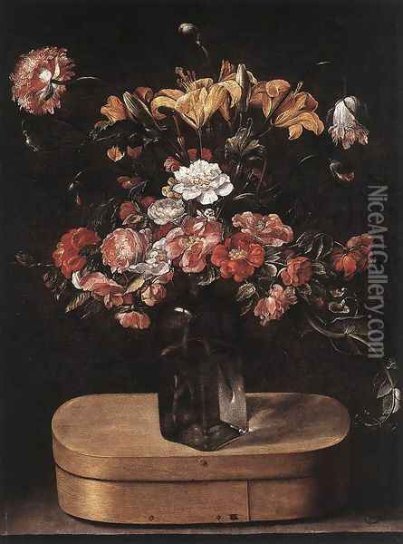 Bouquet on Wooden Box c. 1640 Oil Painting - Jacques Linard
