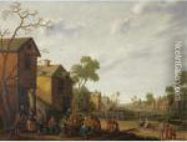 A Village Scene With Peasants Eating And Drinking Outside An Inn,beggars To The Left Oil Painting - Joost Cornelisz. Droochsloot